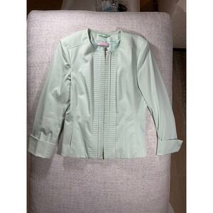 Basler Mint Green Pleated Zip Front Collarless Blazer Jacket Size M